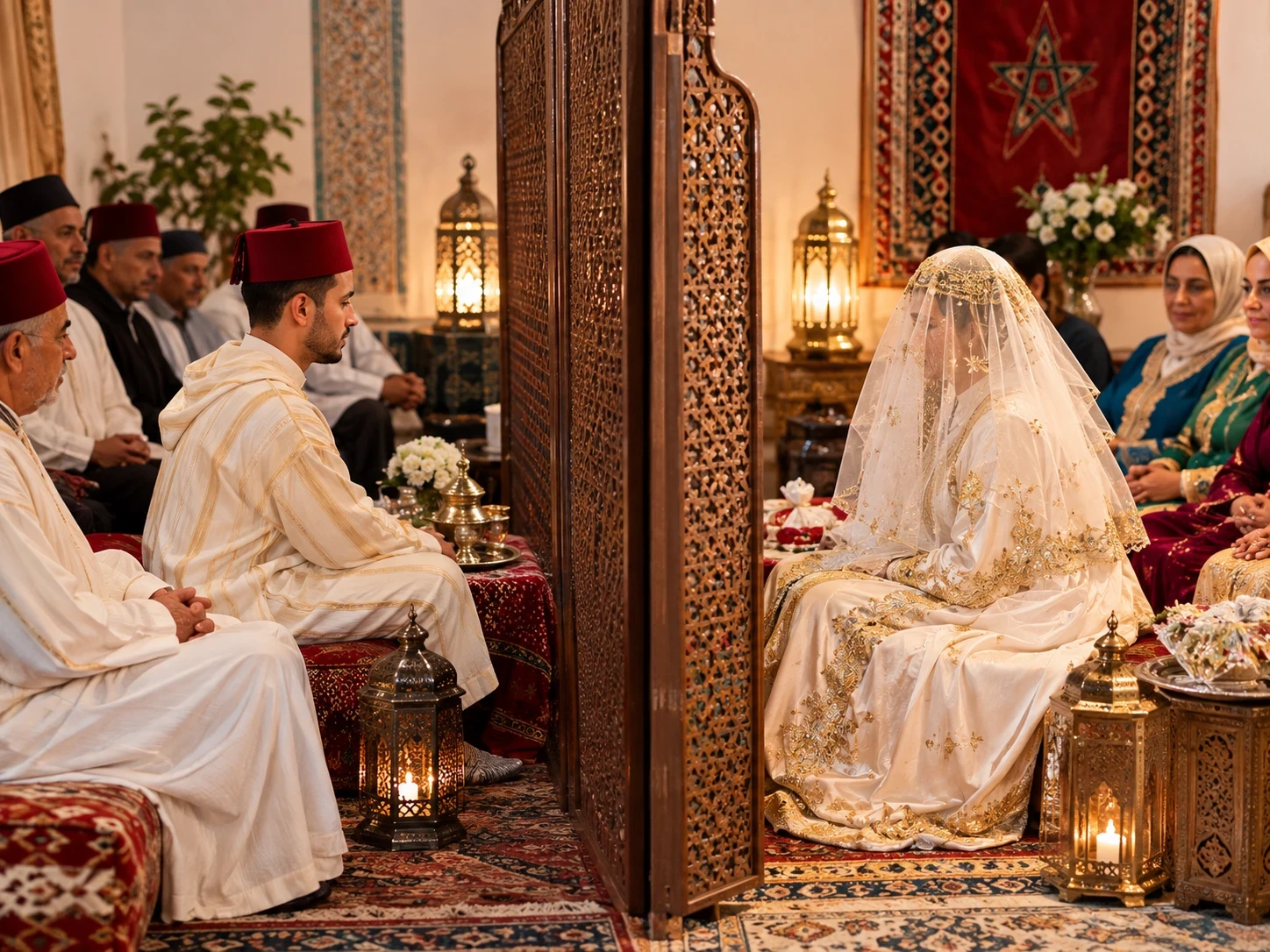 A Moroccan wedding: the groom and the bride sit on either side of a carved wooden screen, with their families.